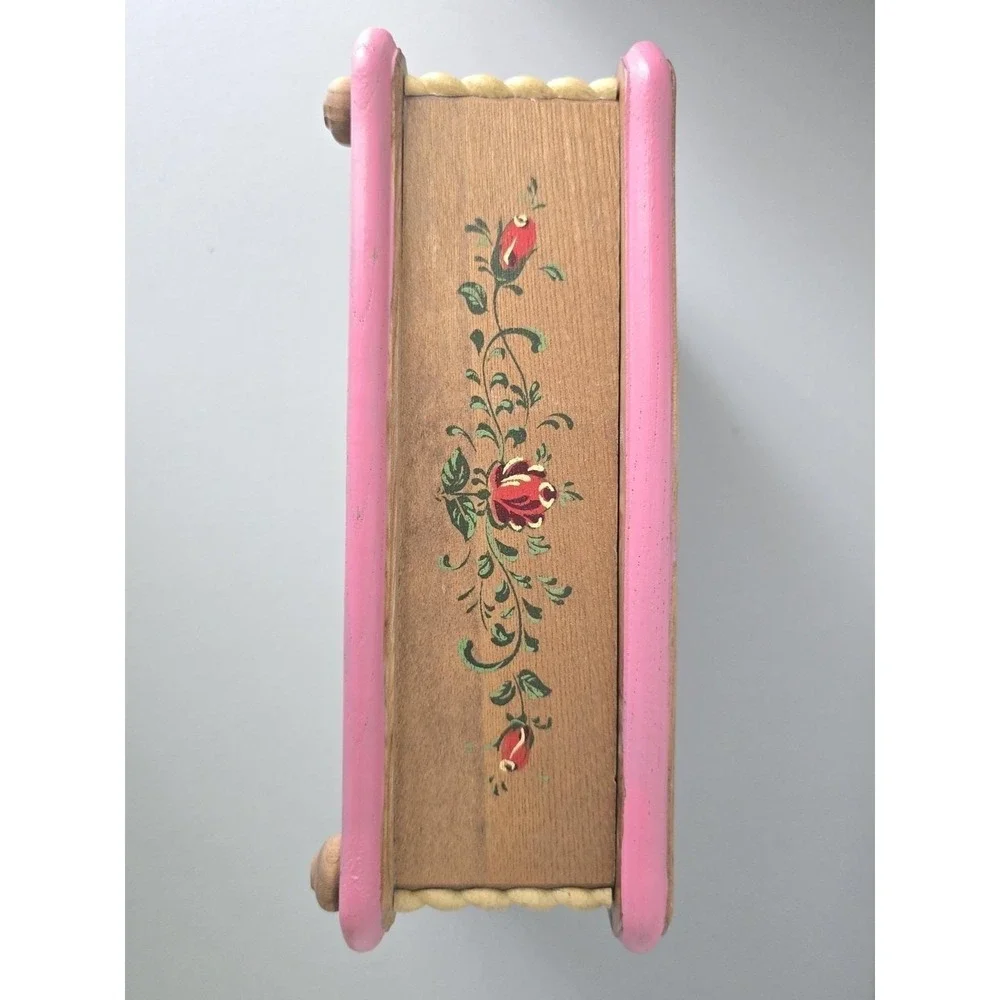 Vintage Hand Painted Wooden Music Jewelry Box Folk Art Floral - Made in Japan